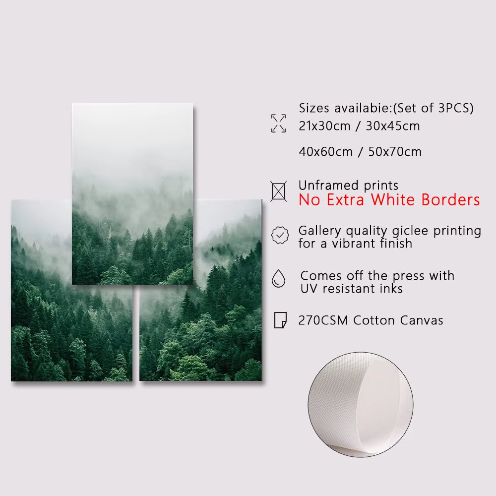 3PCS Natural Mountain Green Forest Canvas Wall Art Painting for Bedroom Office Living Room Posters and Prints Pictures Frameless