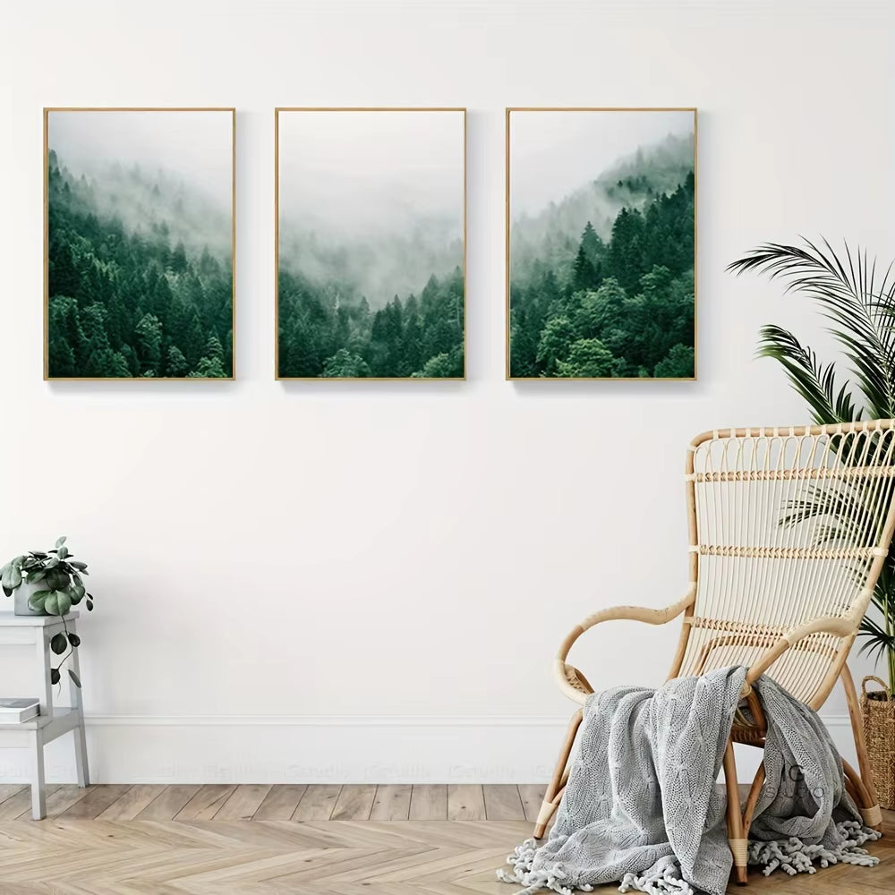 3PCS Natural Mountain Green Forest Canvas Wall Art Painting for Bedroom Office Living Room Posters and Prints Pictures Frameless