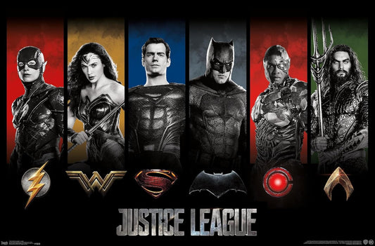 DC Comics Movie - Justice League - Heroes and Logos Wall Poster, 22.375" X 34", Premium Unframed Version
