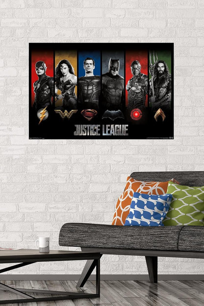 DC Comics Movie - Justice League - Heroes and Logos Wall Poster, 22.375" X 34", Premium Unframed Version